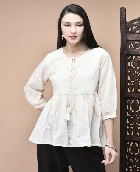 Shree Women Cotton Off White Embroidered Tunic